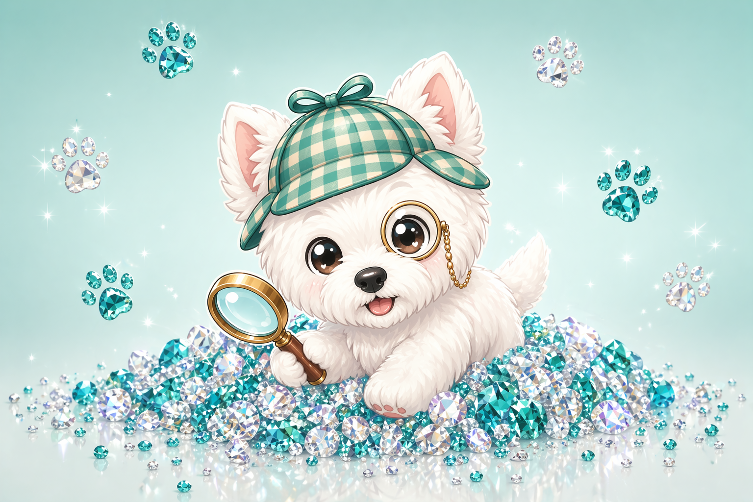 Scout the Westie detective in a pile of sparkling rhinestones