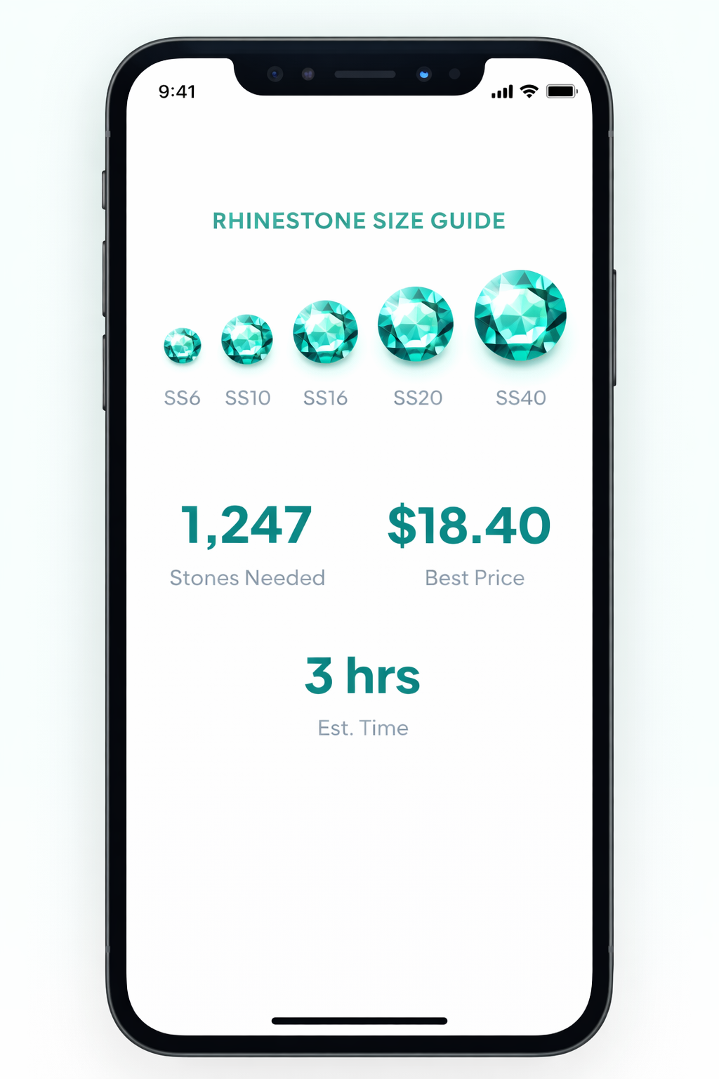 Scout app showing rhinestone calculator
