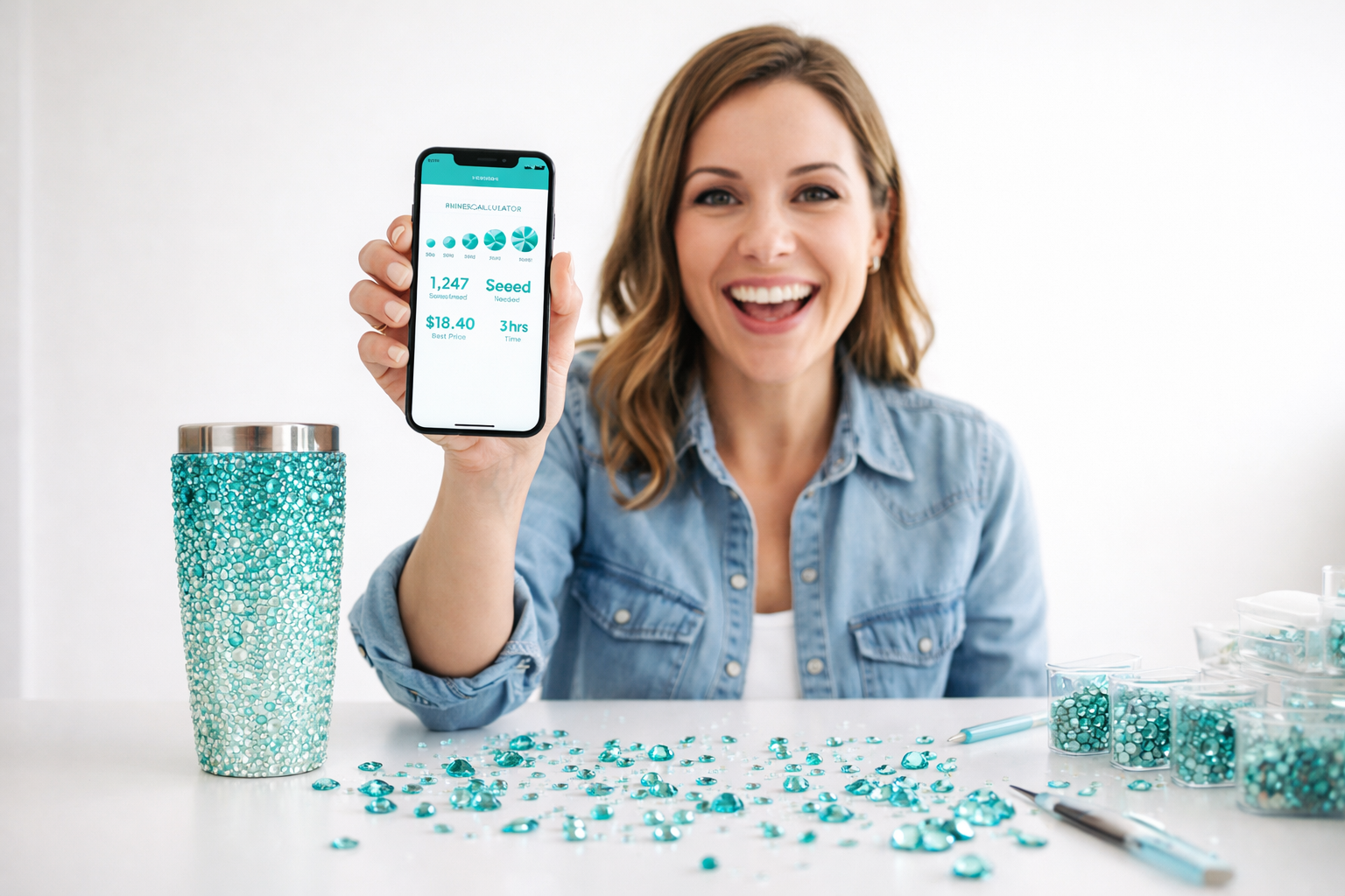 A rhinestone artist holding her finished blinged tumbler