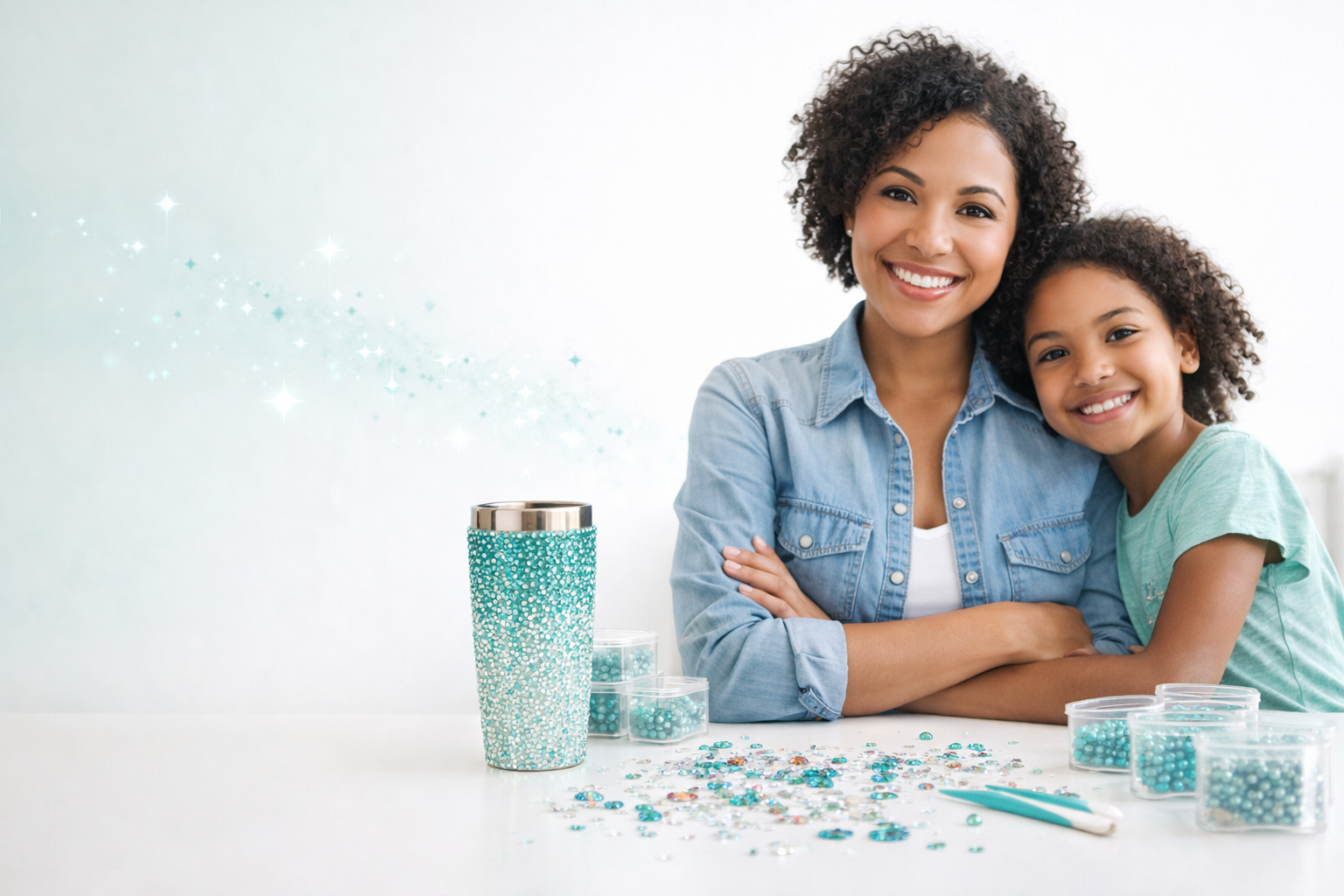 A mom and her daughter blinging a project together